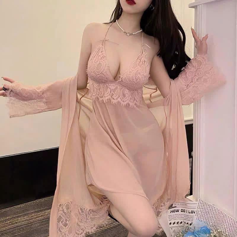Váy ngủ họa tiết kèm áo choàng