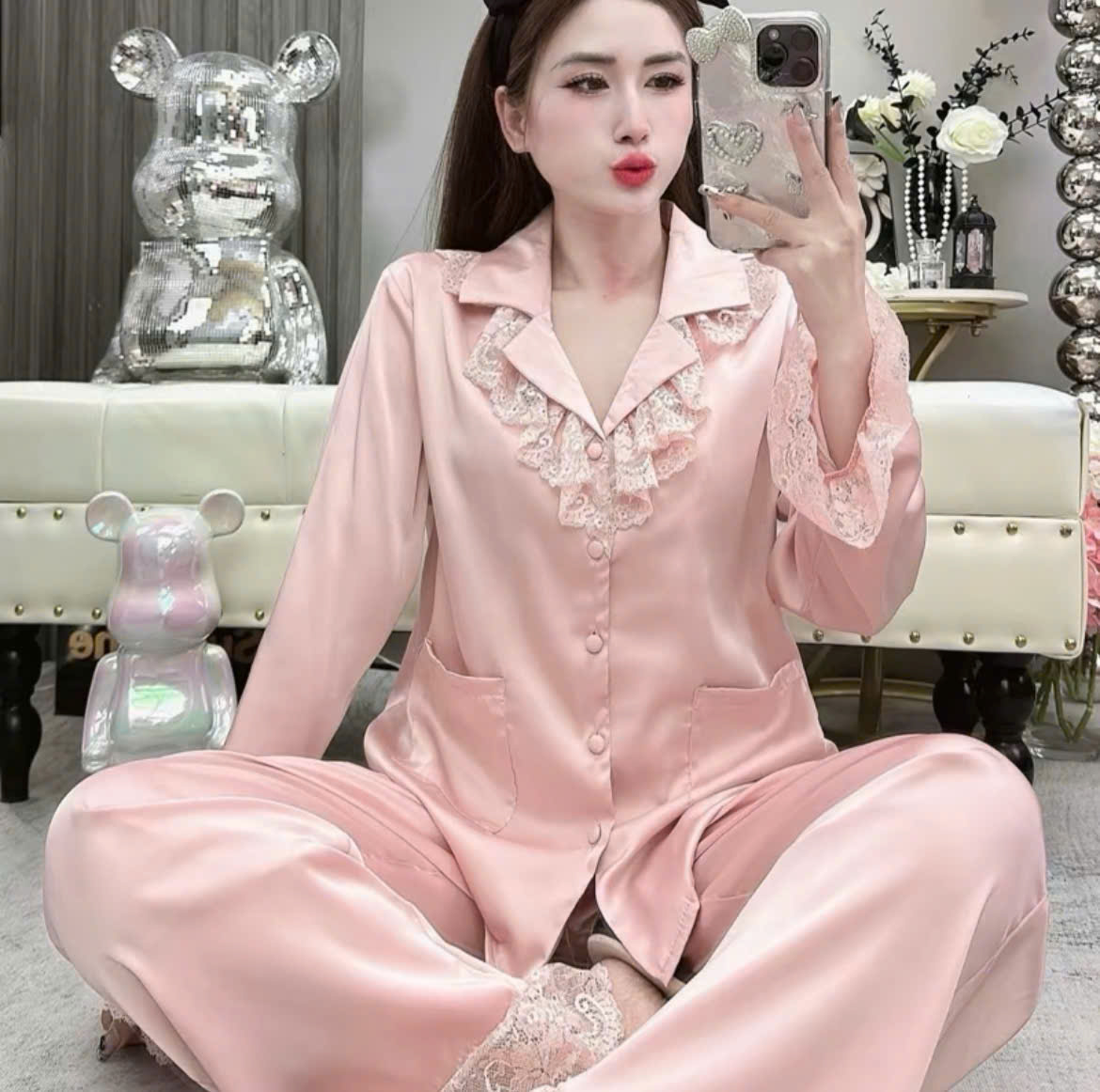 Pijama dài tay phối ren
